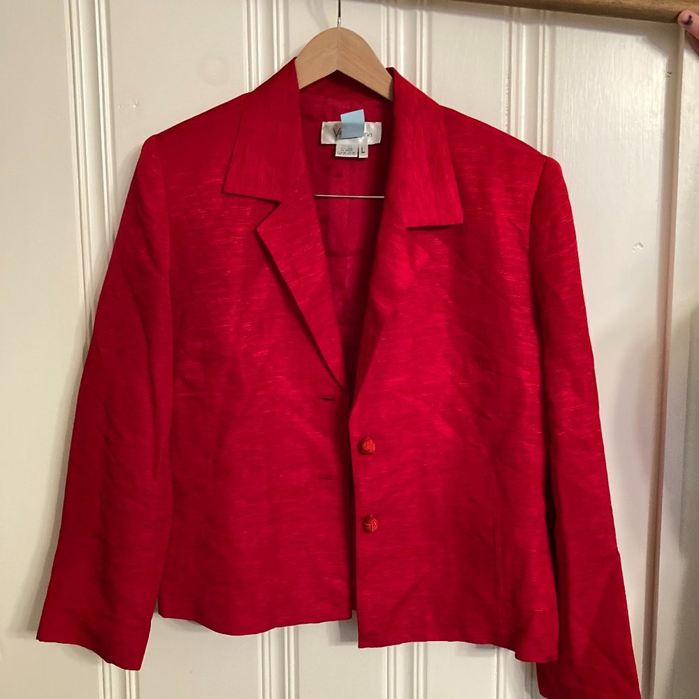 Red Vera Cristina silk skirt suit